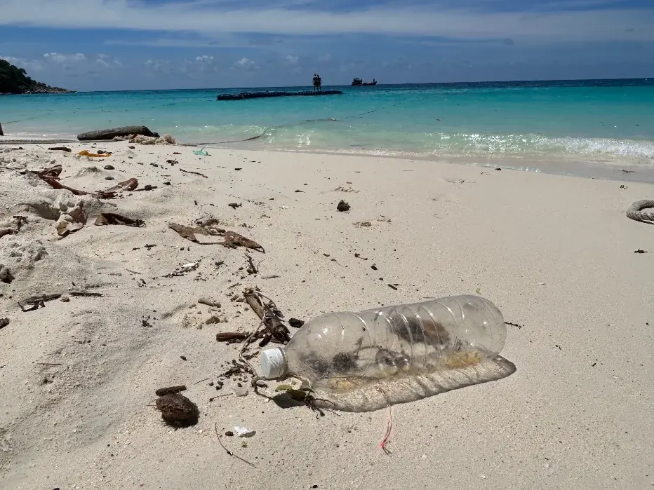 Plastic waste on a Koh Lipe beach — much of it carried in by regional ocean currents